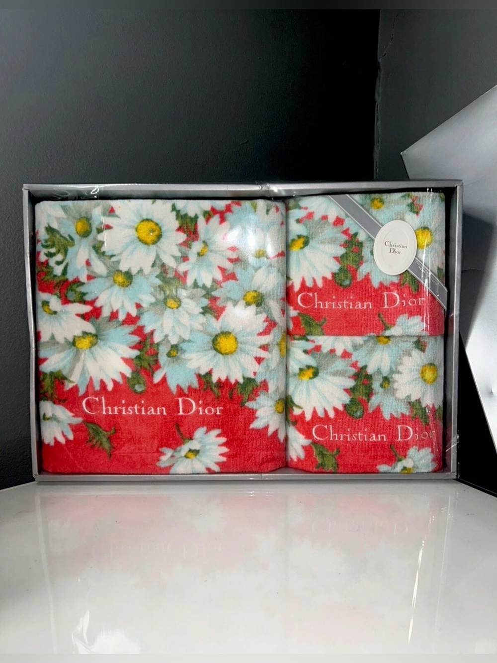 Christian Dior Red Floral Bath Towel Set New in Box